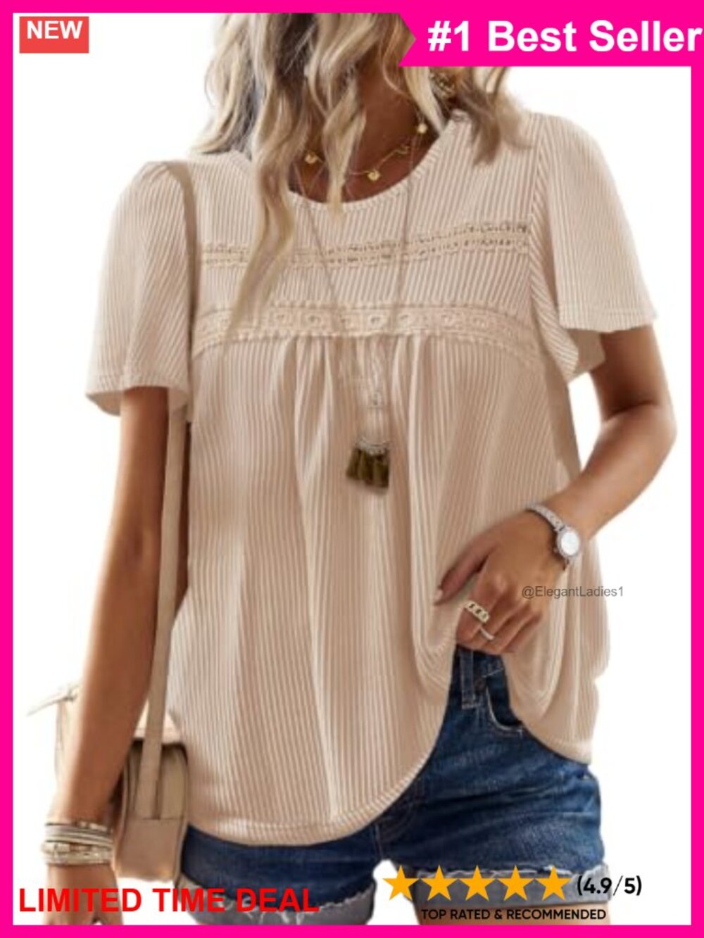 Womens Boho Crochet Ribbed Short Sleeve Flowy Summer Top